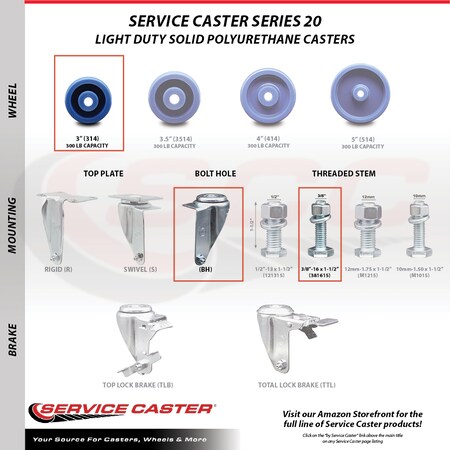 Service Caster 3 Inch SS Solid Polyurethane Wheel Swivel 3/8 Inch Threaded Stem Caster Set SCC SCC-SSTS20S314-SPUS-381615-4